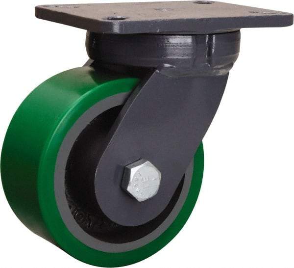 Hamilton - 6" Diam x 3" Wide x 8" OAH Top Plate Mount Swivel Caster - Polyurethane Mold onto Cast Iron Center, 2,200 Lb Capacity, Tapered Roller Bearing, 5-1/4 x 7-1/4" Plate - Americas Industrial Supply