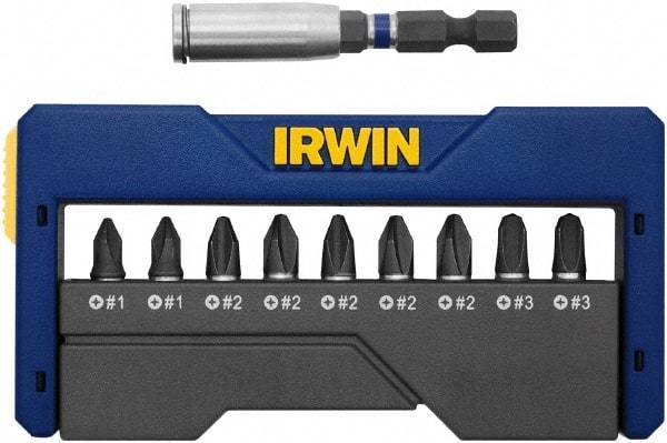 Irwin - 10 Piece, 1/4" Drive Screwdriver Insert Hex Bit Set - #1, #2 & #3 Phillips - Americas Industrial Supply