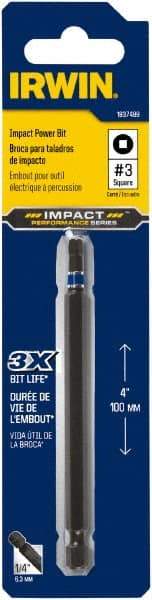 Irwin - #3" Square Size Square Recess Bit - 1/4" Hex Drive, 4" OAL - Americas Industrial Supply