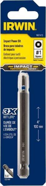 Irwin - #1" Square Size Square Recess Bit - 1/4" Hex Drive, 4" OAL - Americas Industrial Supply