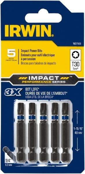 Irwin - T30 Torx Bit - 1/4" Hex Drive, 2" OAL - Americas Industrial Supply