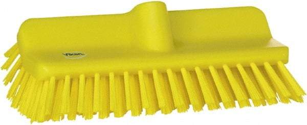 Vikan - 1-1/2" Bristle Length, Polyester Cleaning & Finishing Brush - 9-5/8" Long x 5" Wide Head, 10" OAL, European Threaded Handle, Yellow, Polypropylene Block - Americas Industrial Supply