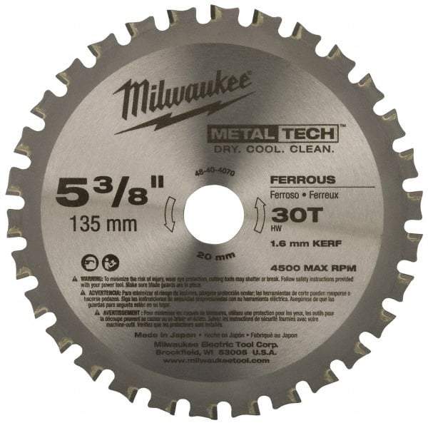 Milwaukee Tool - 5-3/8" Diam, 20mm Arbor Hole Diam, 30 Tooth Wet & Dry Cut Saw Blade - Carbide-Tipped, Standard Round Arbor - Americas Industrial Supply