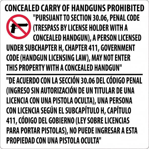 NMC - "Concealed Carry of Handguns Prohibited", 24" Long x 24" Wide, Rigid Plastic Safety Sign - Square, 0.05" Thick, Use for Accident Prevention - Americas Industrial Supply