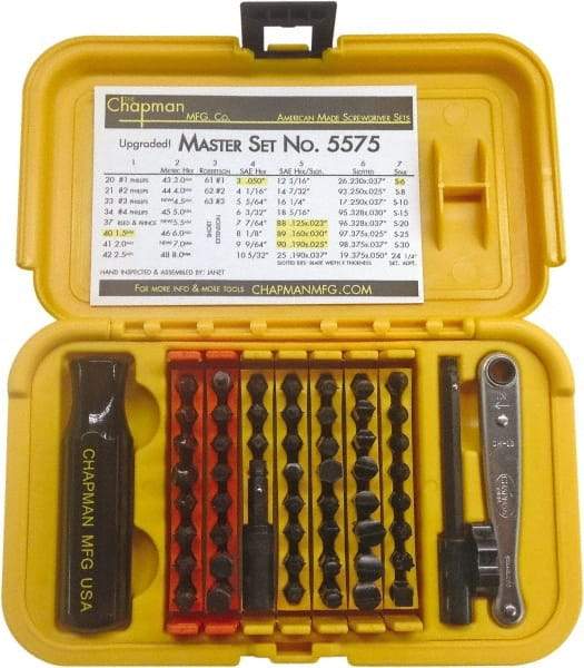 Chapman - 56 Piece, Screwdriver 1/4" Bit Ratchet Bit Set - #1 to #4 Phillips, 0.05 to 5/16" Hex, T6 to T30 Torx - Americas Industrial Supply