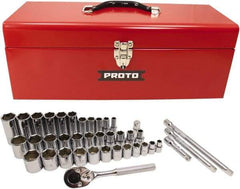 Proto - 39 Piece 3/8" & 1/2" Drive Chrome Finish Deep Well Socket Set - 6 Points, 5/16" to 1" Range, Inch Measurement Standard - Americas Industrial Supply