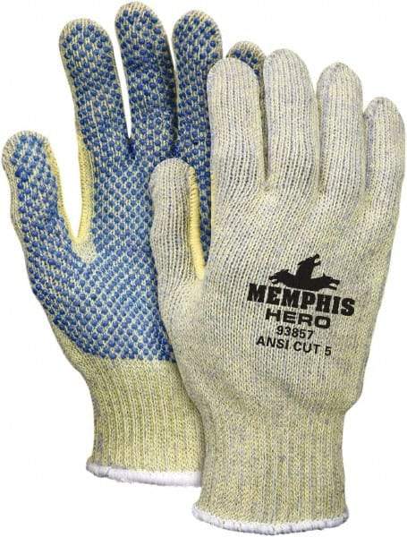MCR Safety - Size L (9), ANSI Cut Lvl 5, PVC Coated Kevlar/Spectra/Stainless Steel Cut Resistant Gloves - Palm & Fingers Coated, Continuous Knit Cuff, Yellow/Blue, Paired - Americas Industrial Supply