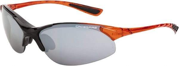 CrossFire - Silver Mirror Lenses, Framed Safety Glasses - Scratch Resistant, Black/Orange Frame, Size Universal, Wrap Around - Americas Industrial Supply