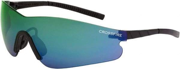 CrossFire - Emerald Mirror Lenses, Framed Safety Glasses - Scratch Resistant, Black Frame, Size Universal, Wrap Around - Americas Industrial Supply