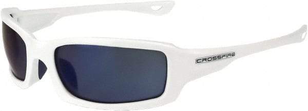 CrossFire - Blue Mirror Lenses, Framed Safety Glasses - Scratch Resistant, White Frame, Size Universal, Wrap Around - Americas Industrial Supply