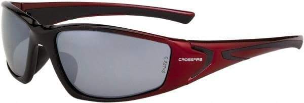 CrossFire - Silver Mirror Lenses, Framed Safety Glasses - Scratch Resistant, Black/Red Frame, Size Universal, Wrap Around - Americas Industrial Supply