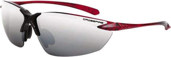CrossFire - Silver Mirror Lenses, Framed Safety Glasses - Scratch Resistant, Black/Red Frame, Size Universal, Wrap Around - Americas Industrial Supply