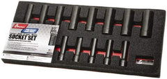 Ability One - 15 Piece 1/2" Drive Deep Well Impact Socket Set - 6 Points, 10mm to 24mm Range, Metric Measurement Standard - Americas Industrial Supply