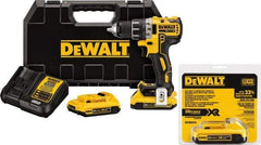 DeWALT - 20 Volt 1/2" Chuck Mid-Handle Cordless Drill - 0-500 & 0-2000 RPM, Keyless Chuck, Reversible, 3 Lithium-Ion Batteries Included - Americas Industrial Supply