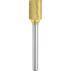 Made in USA - 1" Cut Diam, 3/8" Shank Diam, Cylinder Head Double Cut Burr - Carbide, 1" LOC, 2-3/4" OAL - Americas Industrial Supply