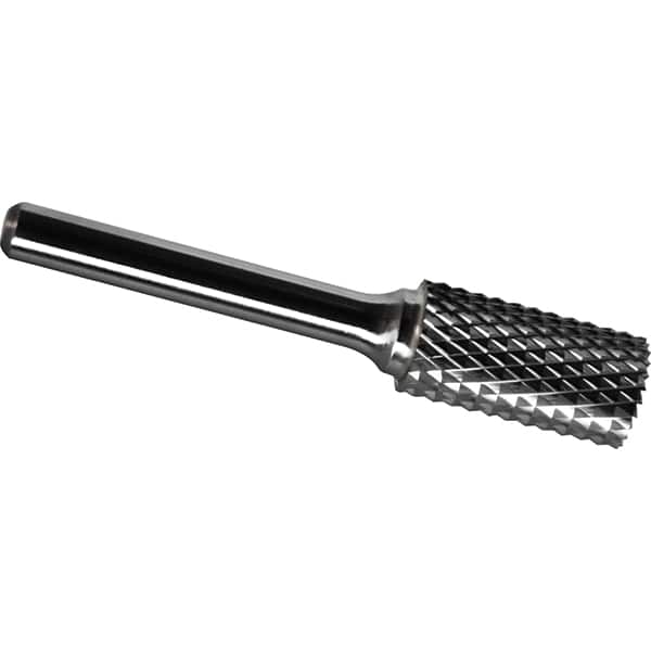 Made in USA - 5/8" Cut Diam, 1/4" Shank Diam, Cylinder with End Cut Head Diamond Cut Burr - Carbide, 1" LOC, 2-3/4" OAL - Americas Industrial Supply