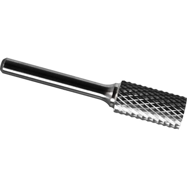Made in USA - 3/8" Cut Diam, 1/4" Shank Diam, Cylinder Head Diamond Cut Burr - Carbide, 1" LOC, 2-3/4" OAL - Americas Industrial Supply