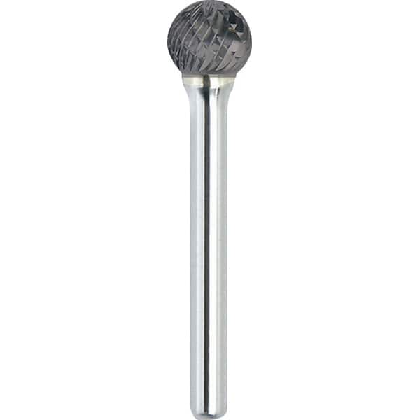 Made in USA - 1/2" Cut Diam, 1/4" Shank Diam, Ball Head Double Cut Burr - Carbide, 7/16" LOC, 2-1/4" OAL - Americas Industrial Supply