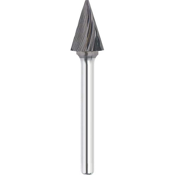 Made in USA - 3/8" Cut Diam, 1/4" Shank Diam, Cone Head Single Cut Burr - Carbide, 5/8" LOC, 2-1/2" OAL - Americas Industrial Supply