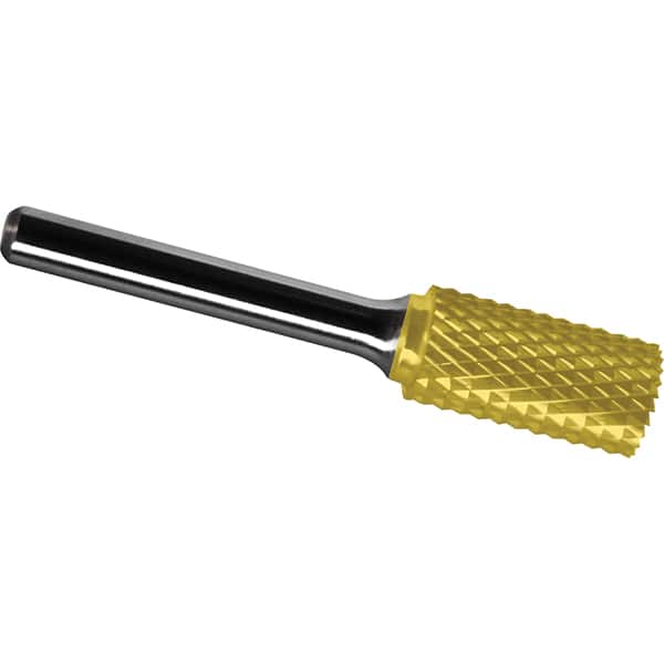Made in USA - 7/16" Cut Diam, 1/4" Shank Diam, Cylinder with End Cut Head Diamond Cut Burr - Carbide, 1" LOC, 2-3/4" OAL - Americas Industrial Supply