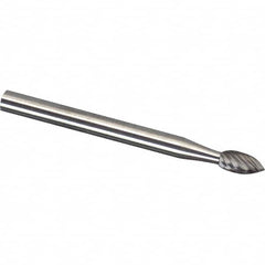 Made in USA - 1/8" Cut Diam, 1/8" Shank Diam, Flame Head Diamond Cut Burr - Carbide, 1/4" LOC, 2" OAL - Americas Industrial Supply