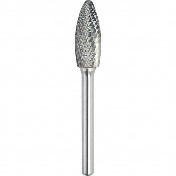 Made in USA - 1/4" Cut Diam, 1/4" Shank Diam, Flame Head Double Cut Burr - Carbide, 1/2" LOC, 2" OAL - Americas Industrial Supply