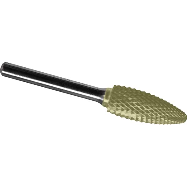 Made in USA - 19mm Cut Diam, 0.2362" Shank Diam, Flame Head Diamond Cut Burr - Carbide, 41mm LOC, 86mm OAL - Americas Industrial Supply