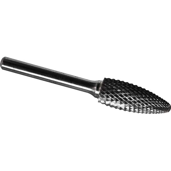 Made in USA - 1/2" Cut Diam, 1/4" Shank Diam, Flame Head Diamond Cut Burr - Carbide, 1-1/4" LOC, 3" OAL - Americas Industrial Supply