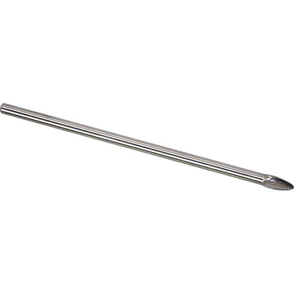 Made in USA - 1/4" Cut Diam, 1/4" Shank Diam, Flame Head Single Cut Burr - Carbide, 1/2" LOC, 6" OAL - Americas Industrial Supply