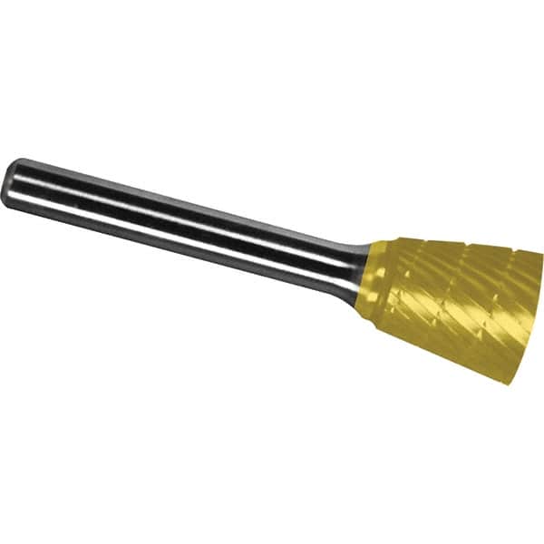 Made in USA - 1/4" Cut Diam, 1/8" Shank Diam, Inverted Cone Head Chipbreaker Cut Burr - Carbide, 1/4" LOC, 1-3/4" OAL - Americas Industrial Supply
