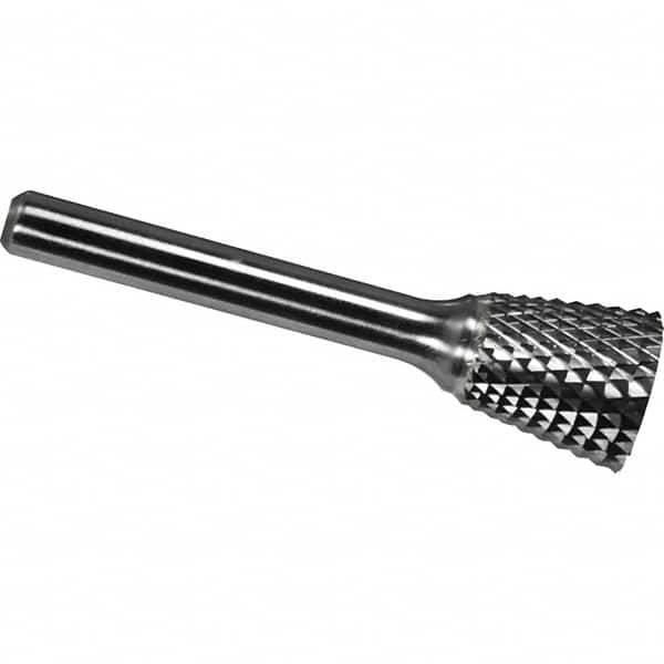 Made in USA - 1/8" Cut Diam, 1/8" Shank Diam, Inverted Cone Head Diamond Cut Burr - Carbide, 3/16" LOC, 2" OAL - Americas Industrial Supply