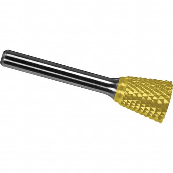Made in USA - 5/8" Cut Diam, 1/4" Shank Diam, Inverted Cone Head Diamond Cut Burr - Carbide, 3/4" LOC, 2-1/2" OAL - Americas Industrial Supply