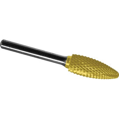 Made in USA - 3/4" Cut Diam, 1/4" Shank Diam, Flame Head Diamond Cut Burr - Carbide, 1-5/8" LOC, 3-3/8" OAL - Americas Industrial Supply