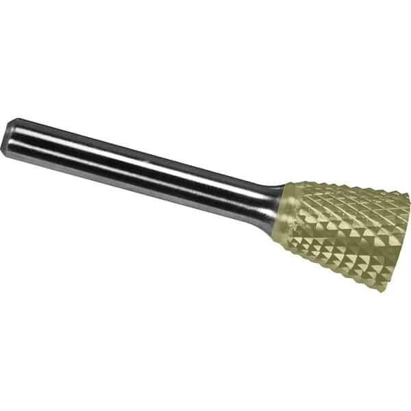 Made in USA - 1/4" Cut Diam, 1/8" Shank Diam, Inverted Cone Head Diamond Cut Burr - Carbide, 1/4" LOC, 1-3/4" OAL - Americas Industrial Supply