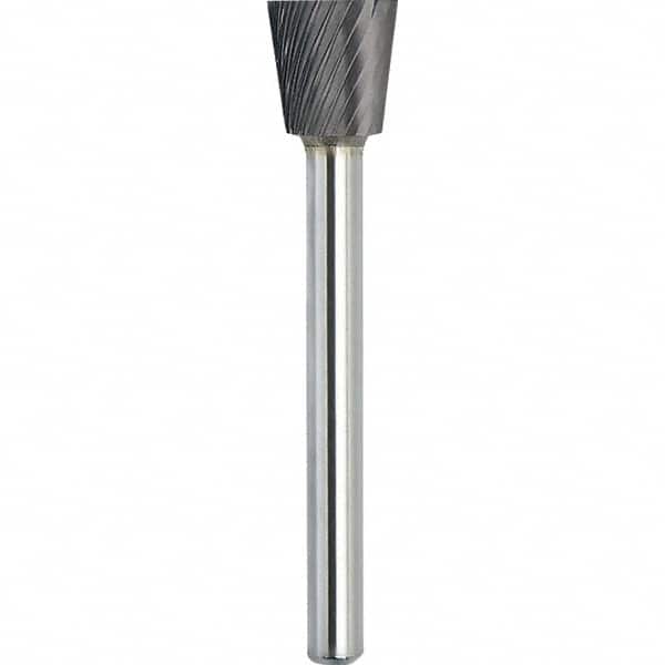 Made in USA - 1/2" Cut Diam, 0.2362" Shank Diam, Inverted Cone Head Single Cut Burr - Carbide, 12.7mm LOC, 57.7mm OAL - Americas Industrial Supply