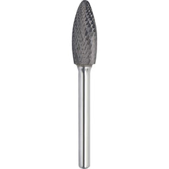 Made in USA - 1/4" Cut Diam, 1/4" Shank Diam, Flame Head Double Cut Burr - Carbide, 1/2" LOC, 2" OAL - Americas Industrial Supply
