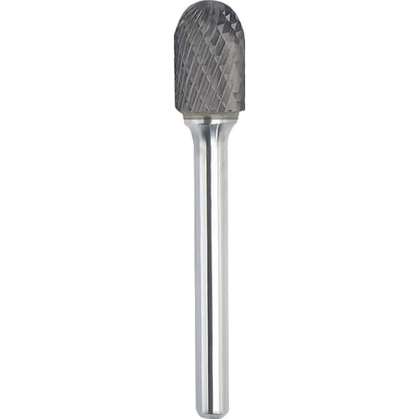 Made in USA - 1/2" Cut Diam, 1/4" Shank Diam, Cylinder with Radius Head Double Cut Burr - Carbide, 1" LOC, 2-3/4" OAL - Americas Industrial Supply