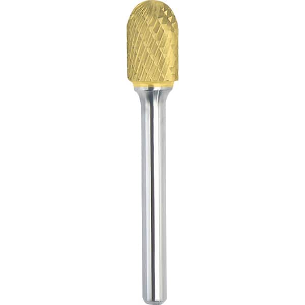 Made in USA - 3/8" Cut Diam, 1/4" Shank Diam, Cylinder with Radius Head Double Cut Burr - Carbide, 1-1/2" LOC, 3-1/4" OAL - Americas Industrial Supply