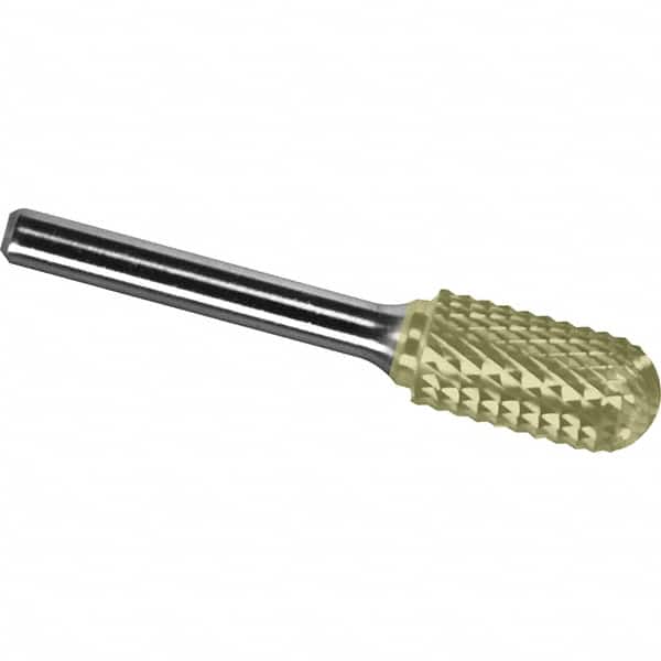 Made in USA - 1/2" Cut Diam, 3/8" Shank Diam, Cylinder with Radius Head Diamond Cut Burr - Carbide, 1" LOC, 2-3/4" OAL - Americas Industrial Supply