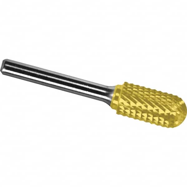 Made in USA - 3/4" Cut Diam, 1/4" Shank Diam, Cylinder with Radius Head Diamond Cut Burr - Carbide, 3/4" LOC, 2-1/2" OAL - Americas Industrial Supply