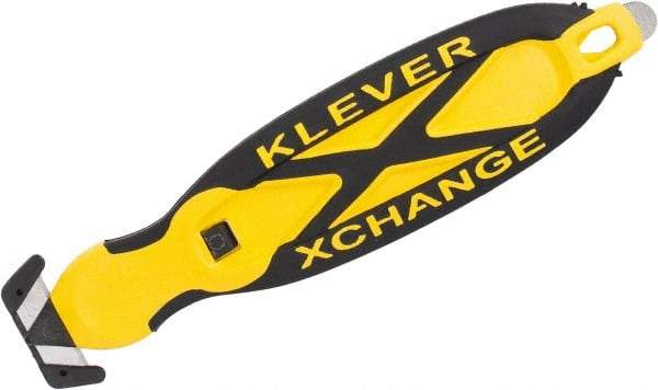 Klever Innovations - Recessed/Hook Blade Box Cutter - 5-3/4" Carbon Steel Blade, Yellow Plastic Handle, 2 Blades Included - Americas Industrial Supply