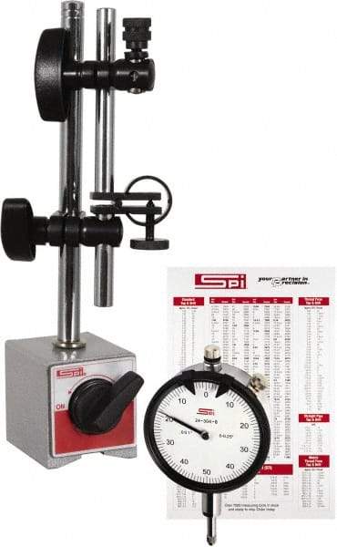SPI - 0.001" Graduation, Dial Indicator & Base Kit - 2-1/4" Base Length x 2" Base Width x 2-1/8" Base Height - Americas Industrial Supply