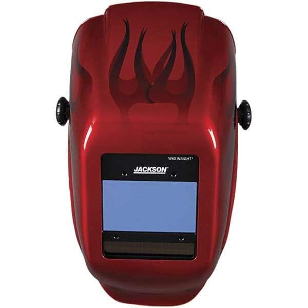 Jackson Safety - 2.36" Window Width x 3.93" Window Height, 9 to 13 Shade Auto-Darkening Lens, Fixed Front Welding Helmet - Red Flames Design, Thermoplastic Green Lens - Americas Industrial Supply