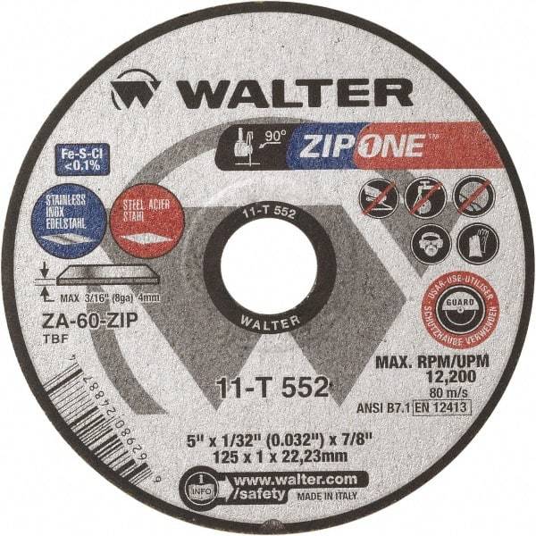 WALTER Surface Technologies - 5" Zirconia Alumina Cutoff Wheel - 1/32" Thick, 7/8" Arbor, 12,200 Max RPM, Use with Angle Grinders - Americas Industrial Supply