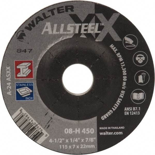 WALTER Surface Technologies - 24 Grit, 4-1/2" Wheel Diam, 1/4" Wheel Thickness, 7/8" Arbor Hole, Type 27 Depressed Center Wheel - Aluminum Oxide, 13,300 Max RPM - Americas Industrial Supply