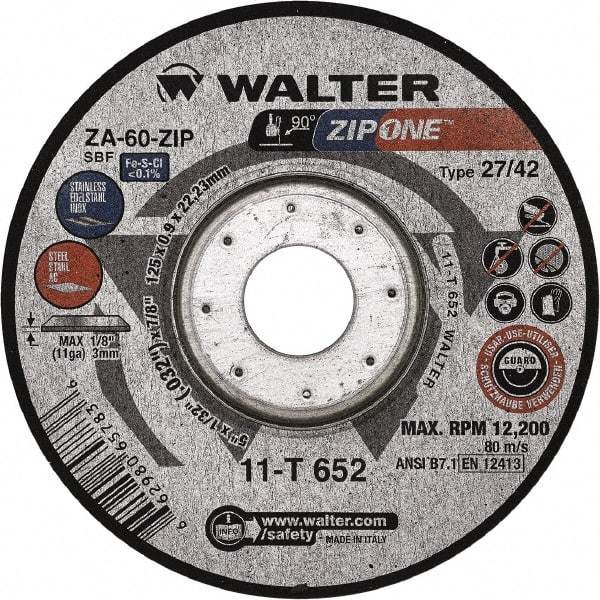 WALTER Surface Technologies - 60 Grit, 5" Wheel Diam, 1/32" Wheel Thickness, 7/8" Arbor Hole, Type 27 Depressed Center Wheel - Zirconia Alumina, Resinoid Bond, 12,200 Max RPM - Americas Industrial Supply