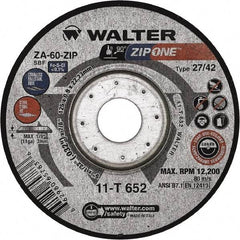 WALTER Surface Technologies - 60 Grit, 4-1/2" Wheel Diam, 1/32" Wheel Thickness, 7/8" Arbor Hole, Type 27 Depressed Center Wheel - Zirconia Alumina, Resinoid Bond, 13,300 Max RPM - Americas Industrial Supply
