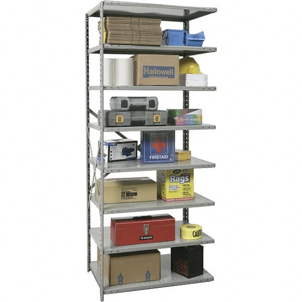 Hallowell - 8 Shelf Add-On Extra Heavy-Duty Open Steel Shelving - 1 Lb Capacity, 36" Wide x 87" High x 12" Deep, Gray - Americas Industrial Supply