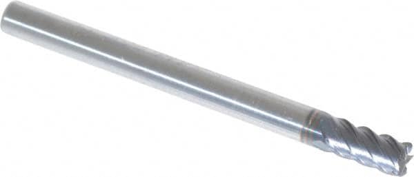 OSG - 1/8", 1/4" LOC, 1/8" Shank Diam, 1-1/2" OAL, 5 Flute, Solid Carbide Square End Mill - Single End, TiAlN Finish, Spiral Flute, 45° Helix, Centercutting, Right Hand Cut, Right Hand Flute, Series 455C - Americas Industrial Supply