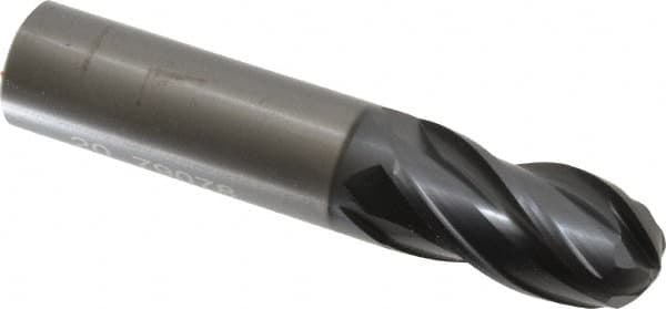 OSG - 20mm Diam, 38mm LOC, 4 Flute Solid Carbide Ball End Mill - TiAlN Finish, Single End, 102mm OAL, 20mm Shank Diam, Spiral Flute - Americas Industrial Supply